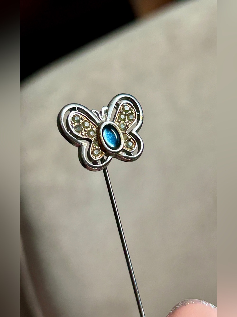 Silver Butterfly Stick Pin Blue Center Stone & Champagne Stones Pave Set EUC